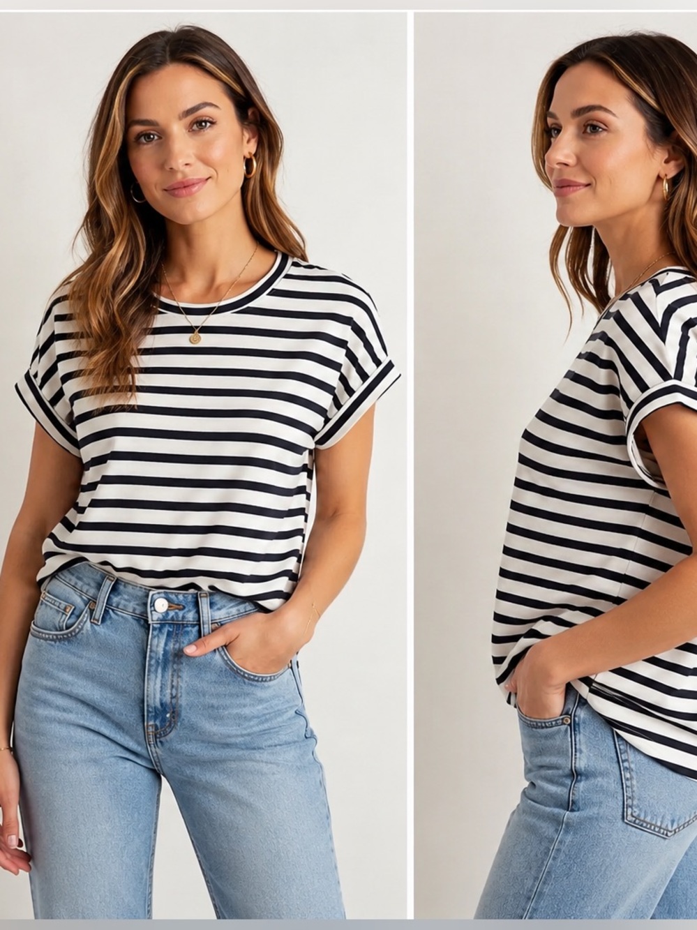 Tahari Striped Short-Sleeve Crewneck Top - Black & White